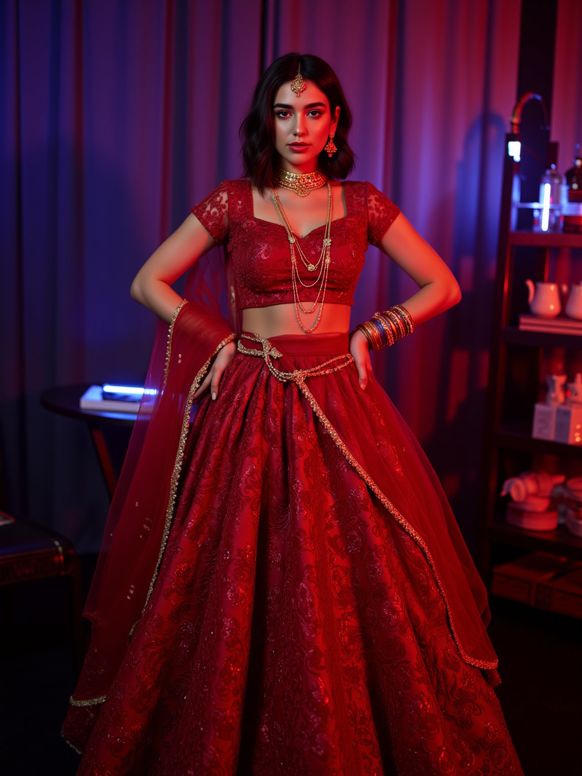 Cool cinematic lighting, matrix movie theam,A stunning Madona Sebastian, dressed in a rich red lehenga with intricate embroidery, paired with heavy gold jewelry She stands against a luxurious Hollywood-style backdrop, with subtle neon accents to emphasize her glamorous attire, DuaLipaFlux