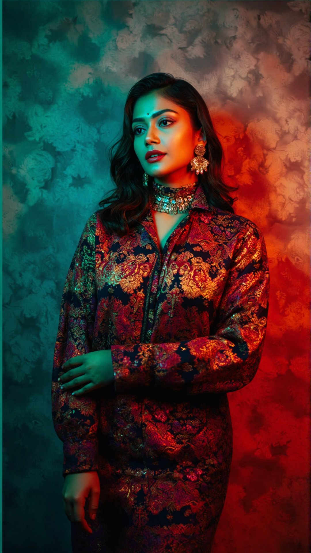 A stylish Mallu girl with a curvy, sexy figure poses confidently in a modern, non-traditional outfit adorned with traditional ornaments. She wears oversized, patterned turtleneck that stands out against a teal and red  light, and teal and orange colour grading, graded with cinematic color tones. The scene captures a complex, action-oriented pose reminiscent of cyberpunk themes from Blade Runner and The Matrix, set in a highly stylized, photorealistic CGI environment. The abstract, textured background adds a pop art flair with bold, vibrant colors, enhancing the modern, high-quality 32K masterpiece. Studio lighting accentuates every detail, bringing a mix of traditional elements and futuristic vibes together in this dynamic composition, ,Details ,Texture ,32k,HD ,Eyes details ,Face details,skin texture 