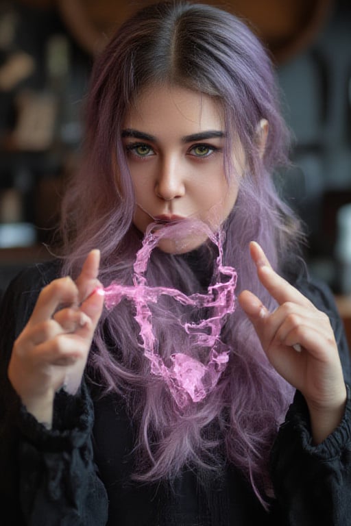 long wavy lavender haired beautiful witch with emerald green eyes and weaving a spell causing pink magical particles to appear iover her head between her hands. background in a witch alchemy lab.,Girl16yo

intricate background, realism,realistic,raw,analog,portrait,photorealistic, taken by Canon EOS,SIGMA Art Lens 35mm F1.4,ISO 200 Shutter Speed 2000,Vivid picture,