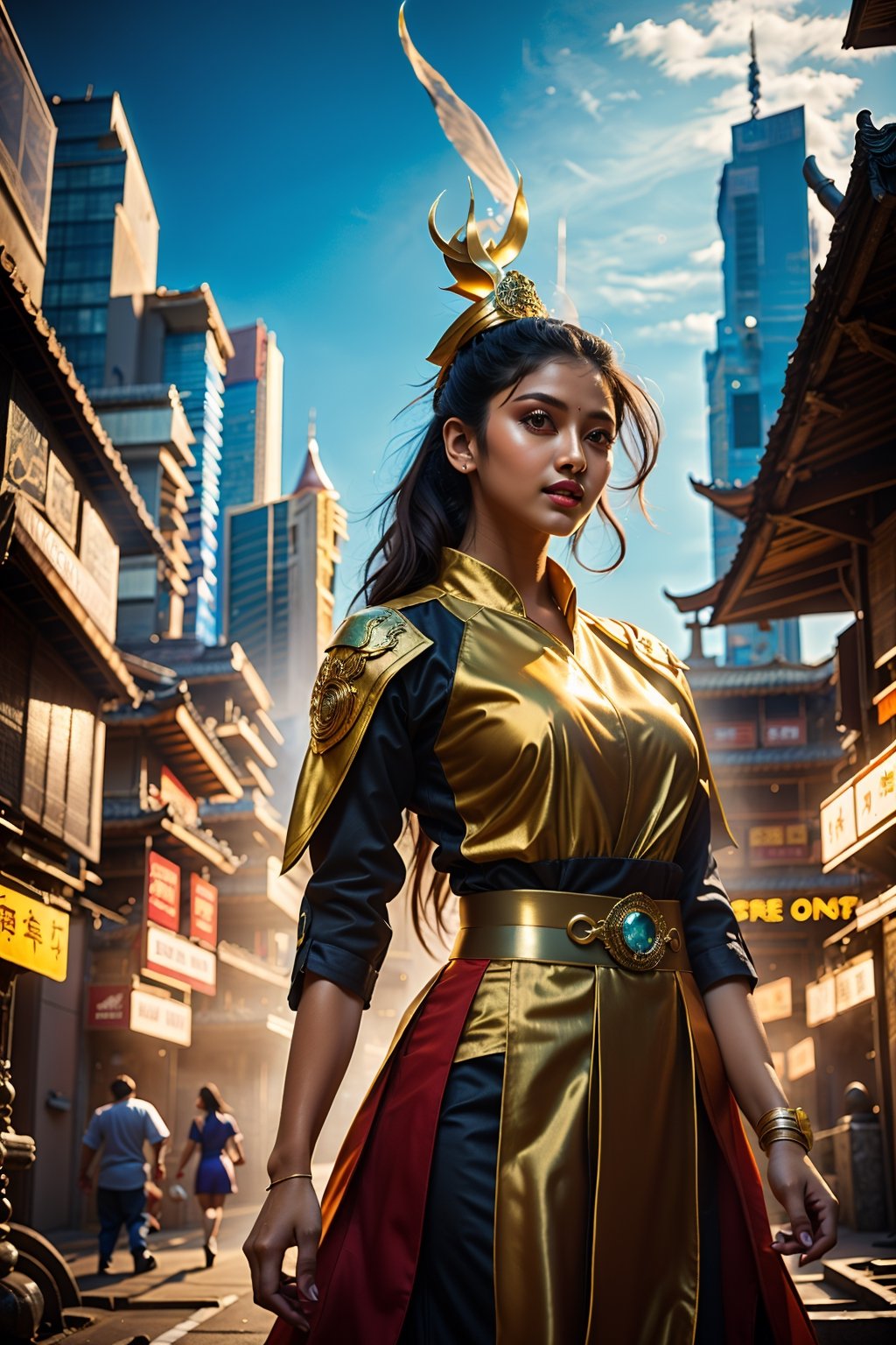 masterpiece, top quality, best quality, official art, beautiful and aesthetic:1.2), (1girl:1.3), chinese dragon, eastern dragon, golden line, (black theme:1.6), volumetric lighting, ultra-high quality, photorealistic, city background,3va,Circle,Mallugirl,1mallugirl