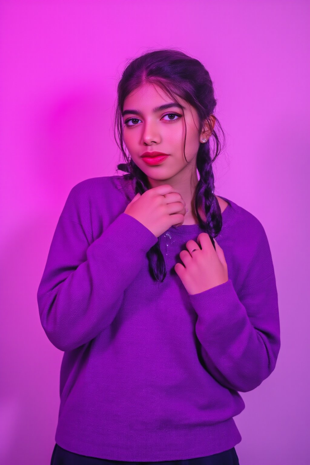 A photorealistic full-body portrait of a stunning 21yo hubggirl with perfect hands. She wears a vibrant purple sweater and double braids adorned with tiny earrings. Her shoulder-length purple hair is styled in intricate braids that cascade down her back. Her eyes are a deep, rich purple, framed by thick eyelashes and subtle makeup. A bold red lip color adds a pop of brightness to the overall gradient background, which transitions seamlessly from pink to purple. The subject's gaze is direct, with a hint of sassiness as she wears a trendy hat and sports a confident smile. Shut up, indeed!,Teenager 