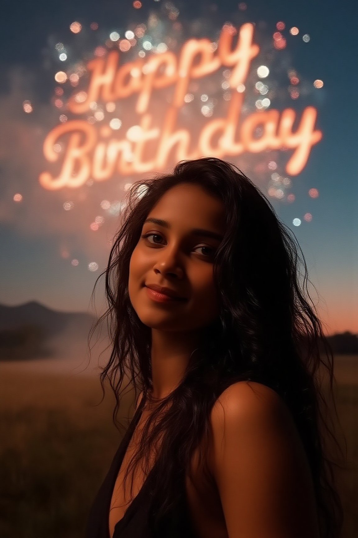 A beautiful 23-year-old birthday girl, standing outdoors under the night sky, looking directly at the camera, fireworks exploding in the sky, spelling out "Happy Birthday" in bright letters, shot on an ARRI Alexa XT cinematic camera, ultra-high-definition, soft lighting highlighting her face and features, joyful expression, cinematic atmosphere, vibrant colors from the fireworks reflecting on her, detailed textures and perfect lighting for a dramatic and celebratory scene.,Size 32 25 34,23 yo women,Mallu.