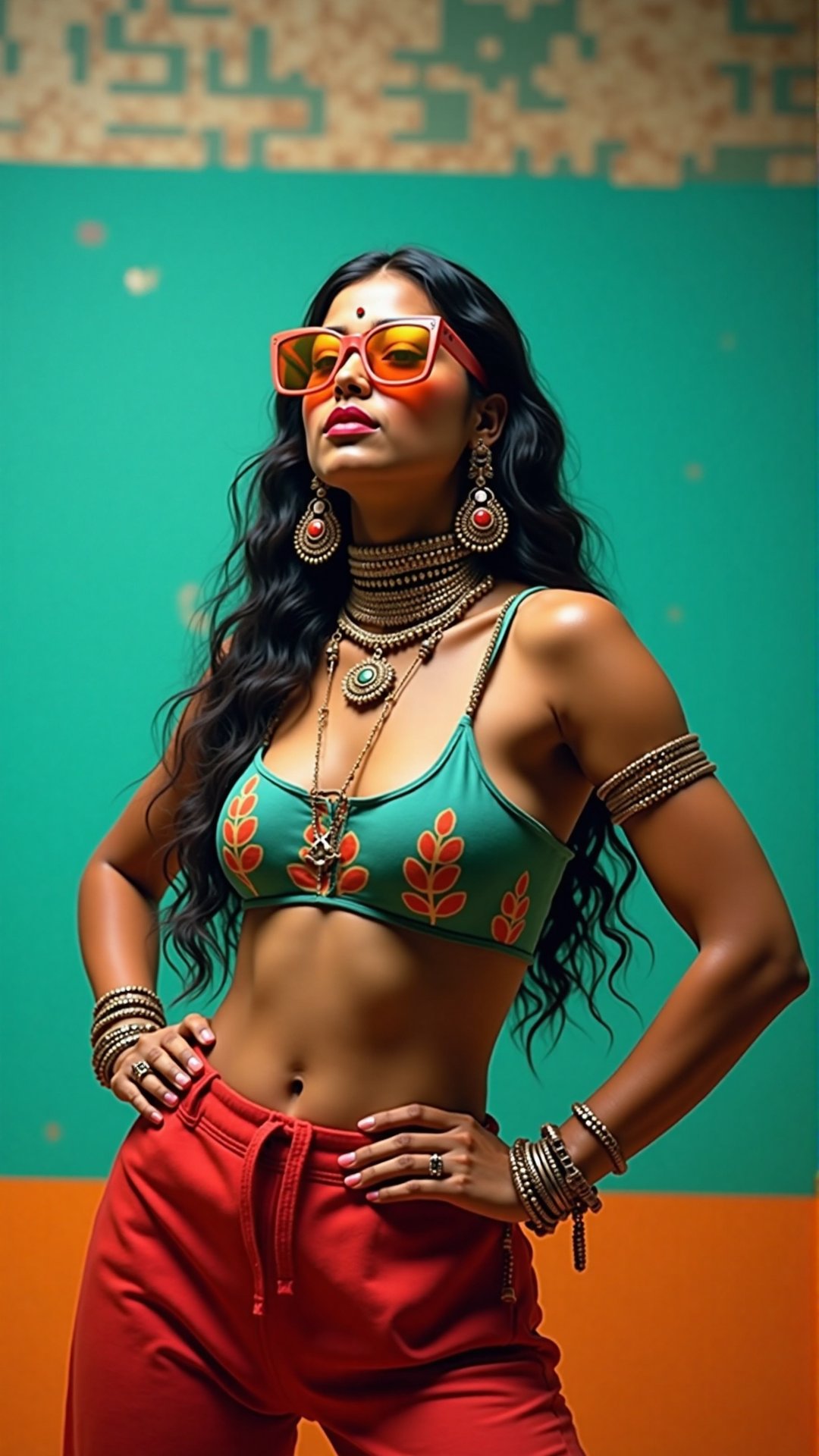 A stylish Mallu girl with a curvy, sexy figure poses confidently in a modern, non-traditional outfit adorned with traditional ornaments. She wears oversized, colorful sunglasses and a bold, patterned turtleneck that stands out against a teal and orange background, graded with cinematic color tones. The scene captures a complex, action-oriented pose reminiscent of cyberpunk themes from Blade Runner and The Matrix, set in a highly stylized, photorealistic CGI environment. The abstract, textured background adds a pop art flair with bold, vibrant colors, enhancing the modern, high-quality 32K masterpiece. Studio lighting accentuates every detail, bringing a mix of traditional elements and futuristic vibes together in this dynamic composition, 

bad quality, worst quality, text, signature, watermark, extra limbs, low resolution, partially rendered objects, deformed or partially rendered eyes, deformed, deformed eyeballs, cross-eyed, blurry,Payal