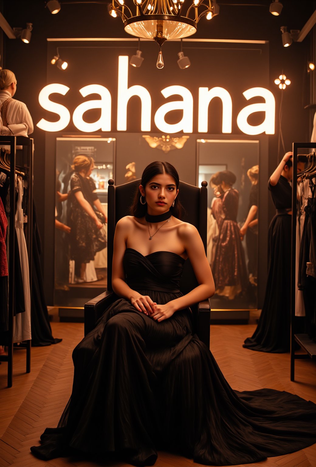 create me something beautiful, sexy, A beautiful woman, dressed in high fashion, sits on a throne in a luxurious boutique shop, surrounded by perfect cinematic lighting. Behind her, the shop's name "sahana" is displayed in oversized glowing letters, commanding attention. Girls in the background casually explore the dresses on display. The scene highlights both the elegance of the boutique and the glowing, bold shop name.,Enhanced all