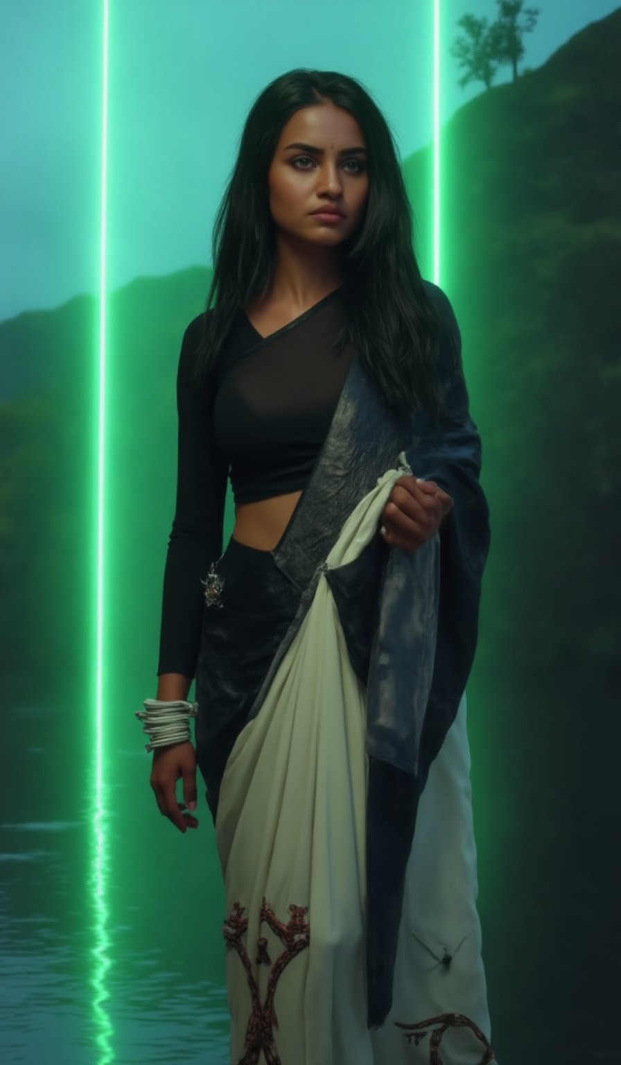 Prompt: A photorealistic portrait of an Indian woman in her late 20s with dark brown skin, long straight black hair, and sharp features. She is dressed in a sleek black saree with futuristic, tech-inspired accessories. Her eyes  giving her a mysterious, powerful look. The background is a dark, cyberpunk cityscape with green digital rain falling behind her, reminiscent of the Matrix. The lighting is low, with glowing neon lights reflecting off her leather outfit, enhancing the dramatic, action-movie atmosphere.,

best quality, highres, ultra-detailed:1.2), eye-level capture, cloudy day, a woman dressed in a cream-colored saree with black designs, standing in front of a body of water, wearing a black blouse, long dark brown hair flowing, white bracelets on her wrists, her saree draped over her left shoulder, a white sari tied around her waist adorned with red designs, adding a pop of color, blurred backdrop with trees and a mountain in the distance, soft natural lighting, realistic textures.,Futuristic 