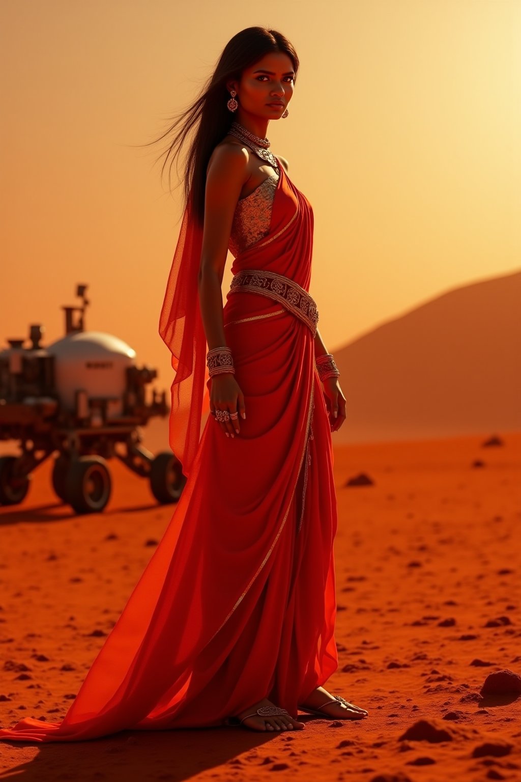 Mars Explorer in Traditional Attire
"A stunning Indian woman stands on the red, rocky surface of Mars, blending elements of her cultural heritage with futuristic technology. She wears a sleek, saree, with glowing neon accents, customized to reflect traditional Indian motifs, such as intricate gold patterns and a sari-like drape over her shoulder. Rover bihind Her,  revealing a radiant face with sharp, determined eyes. The harsh Martian environment contrasts with her beauty, while the backdrop features the dusty Martian landscape, distant planets, and a futuristic space colony on the horizon. The lighting is dramatic, with warm tones highlighting the red sands of Mars, creating a powerful, cinematic scene captured in ultra-realistic photography.",Futuristic 