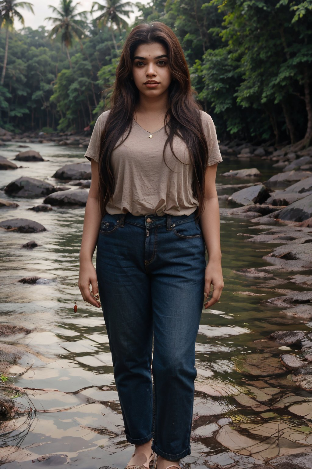 Woman, chubby_female, Kerala beautiful women 28 years old, solo, long hair, brown hair, shirt, outdoors, pants, sandals, denim, jeans,  photo background, 