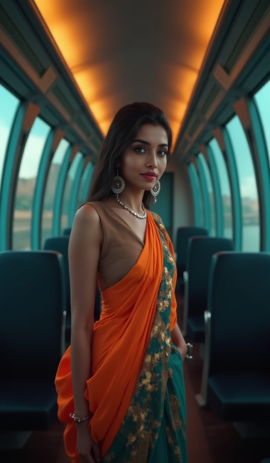 A beautiful mallu women in a train,  morden dress, futuristic atmosphere, realistic  raw photo, details, 32k, cinematic color grading, skin texture, Teal and orange color lighting 