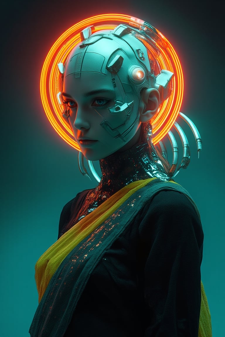 Futuristic radiation Mask on a mallu woman, in saree, navel. Full body, midriff exposed navel show, Cinematic colour grading, teal and orange lighting, 

fantasy beauty, biochemiluminescence, art nouveau, bright colors,  optical illusion 3D art), detailed textures, high quality, high resolution, high precision, realism , color correction, proper lighting settings, harmonious composition, Behance works,Details,Details,Texture,Details,weird_futuristic_fashion,Cosplay 