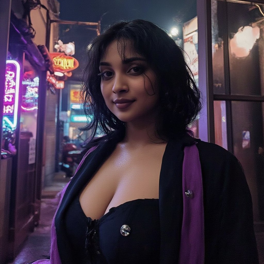 A hyper-realistic DSLR photo of a Korean woman with bobbed black hair, wearing a bustier dress catches the soft glow of neon lights, giving off a cozy and comfortable feel against the dark industrial backdrop. The figure's charming smile and warm eyes add a cute contrast to the gritty cyberpunk environment. The metal implants are visible through the fuzz, highlighted in neon blue and pink. Rain-soaked streets reflect light, adding depth to cinematic scenes. Created Using: DSLR Lens, cinematic lighting, detailed fuzz textures, metallic details, neon reflection effects, cyberpunk aesthetic, cozy yet dark atmosphere, contrasting highlights,tronggg