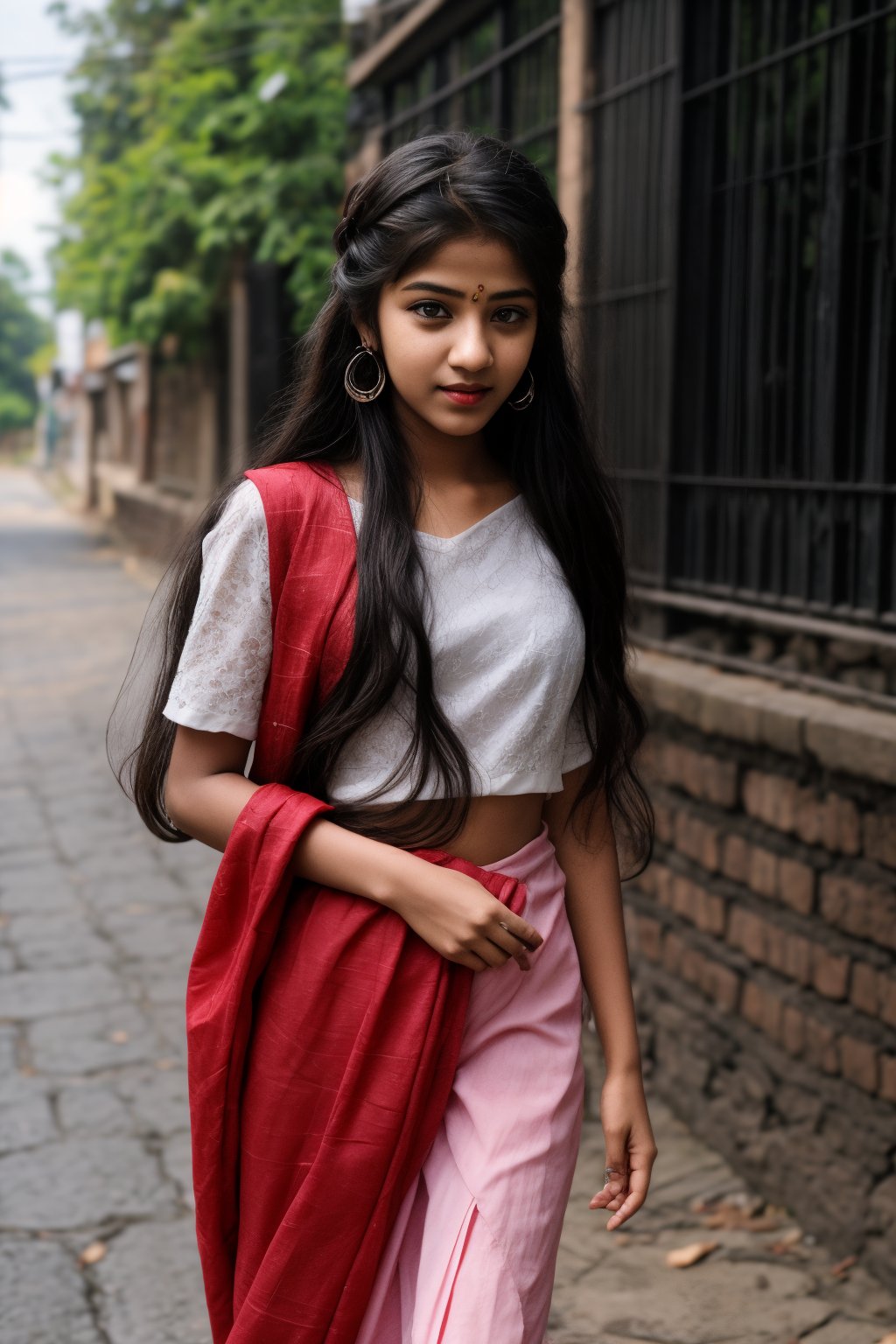 1girl, solo, long hair, black hair, twintails, jewelry, earrings, lips, realistic, beautiful mallu girl, 18 years old girl, outside, beautiful girl walking on the street 