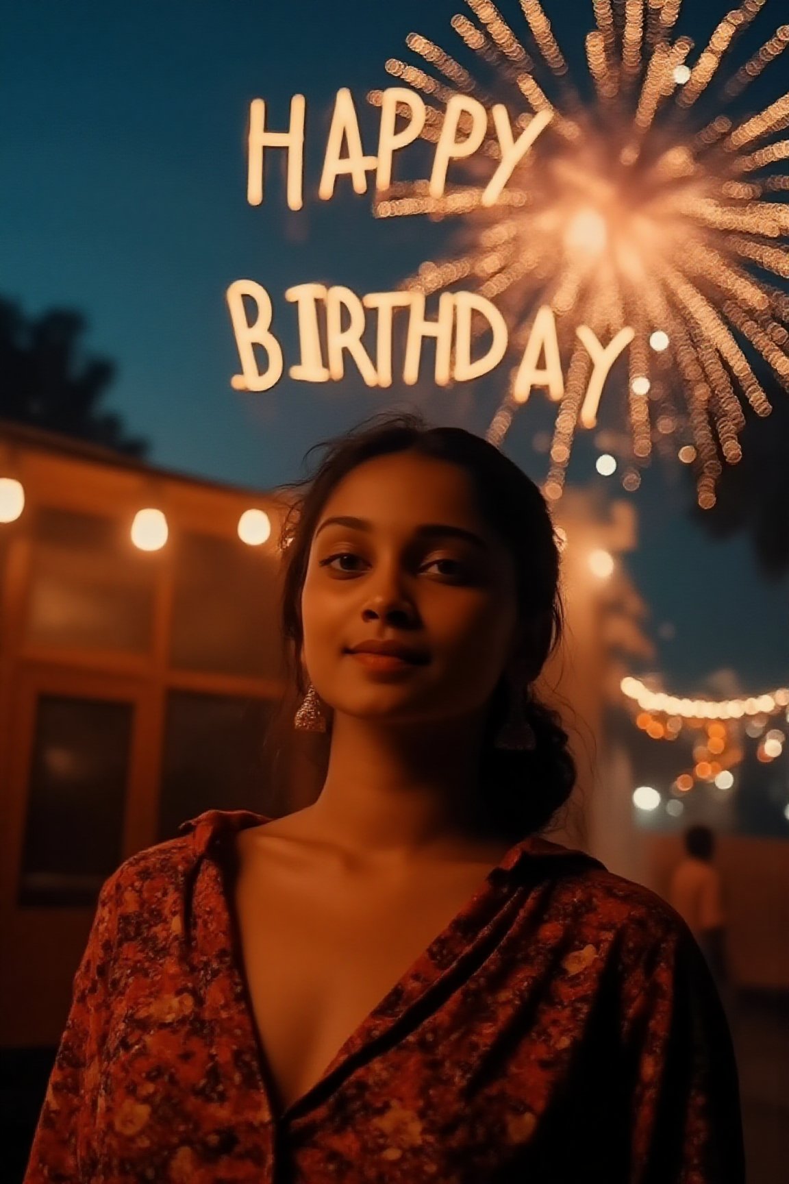 A beautiful 23-year-old birthday girl, standing outdoors under the night sky, looking directly at the camera, fireworks exploding in the sky, spelling out "Happy Birthday" in bright letters, shot on an ARRI Alexa XT cinematic camera, ultra-high-definition, soft lighting highlighting her face and features, joyful expression, cinematic atmosphere, vibrant colors from the fireworks reflecting on her, detailed textures and perfect lighting for a dramatic and celebratory scene.,Size 32 25 34,23 yo women,Mallu.,23 yo women 