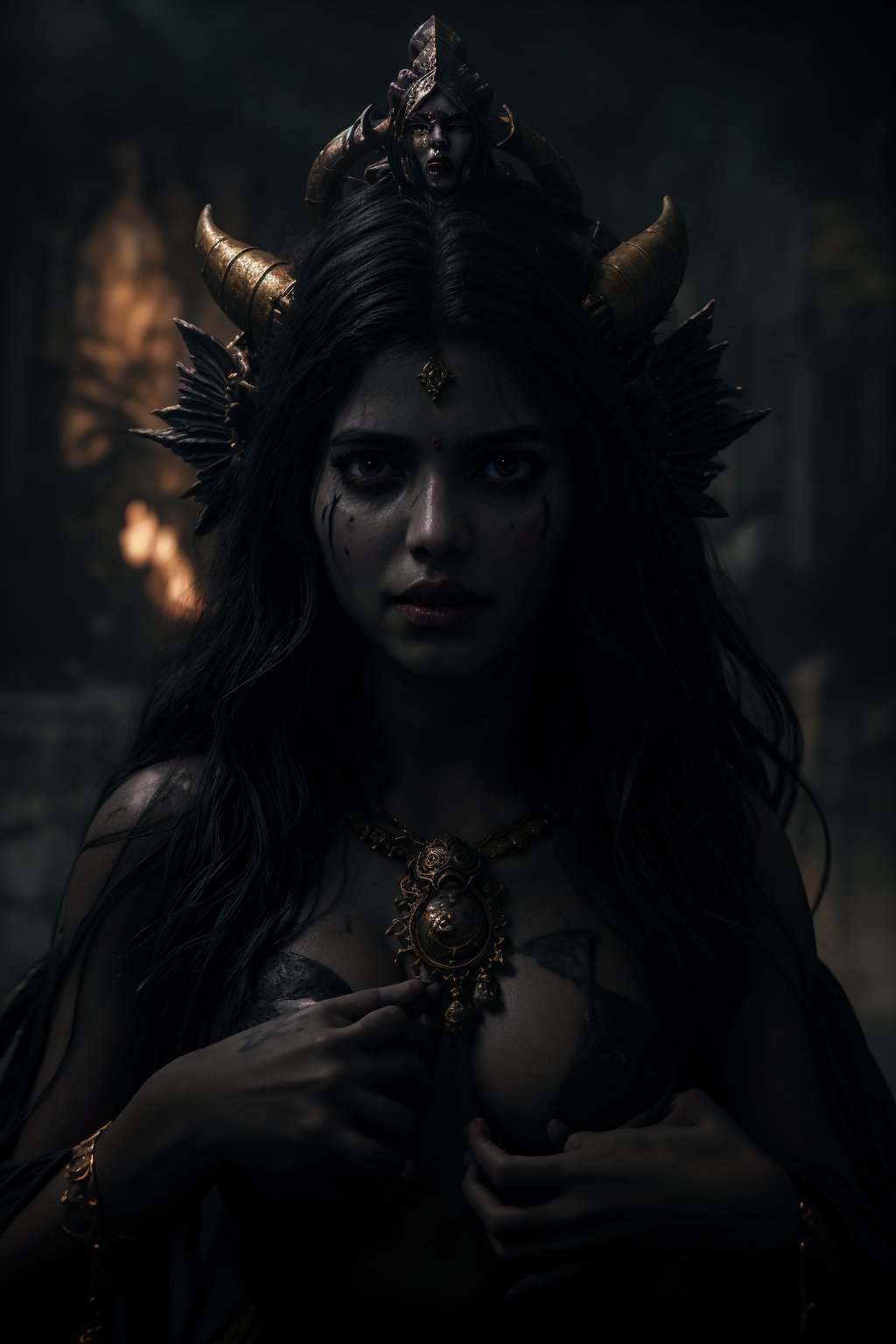 A powerful and terrifying portrayal of the Hindu goddess Kali Maa,  depicted with either black or dark blue skin that radi...