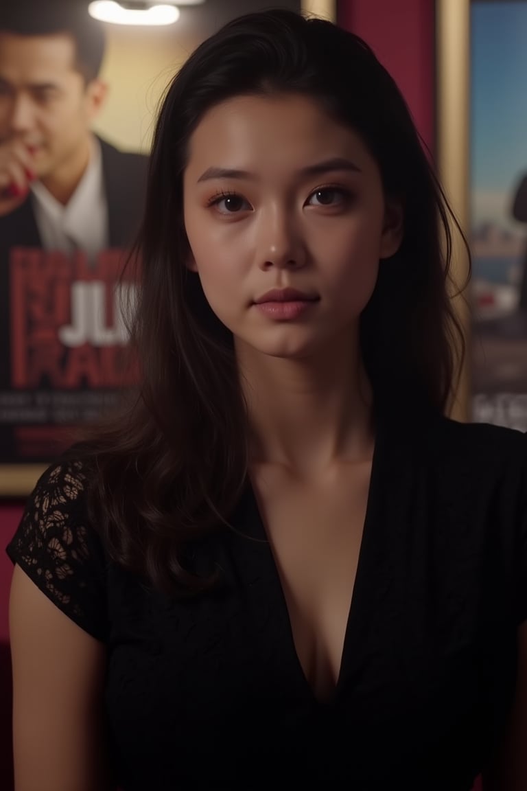  A young woman stands confidently against a movie poster backdrop, her gaze directed straight at the camera, exuding an air of confidence and allure, She wears a black top with a lace pattern, her features softly highlighted by even lighting, Off-center placement draws the viewer's eye towards her, while a subtle hint of a man in the background adds depth to the scene, The movie poster suggests a possible movie theater setting, 