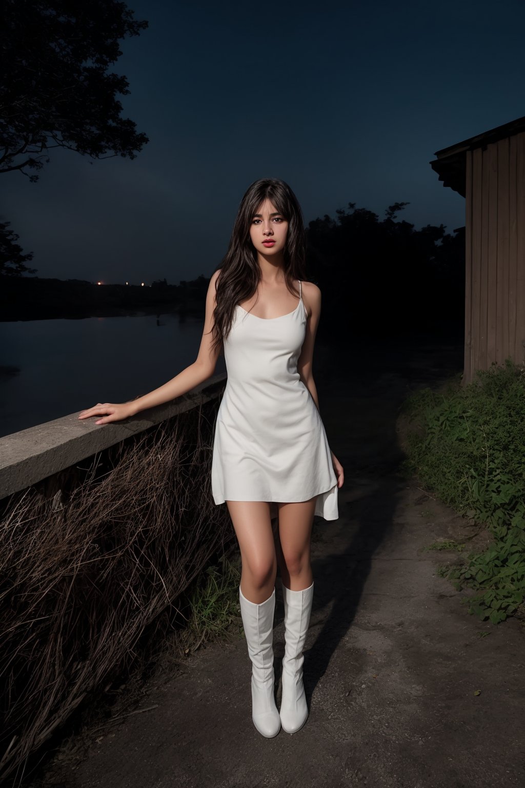 Girl, white dress, white boots, teenage, lovely face, night_sky:1, long_hair, juicy lip, moonlight on hair,Extremely Realistic, outside 