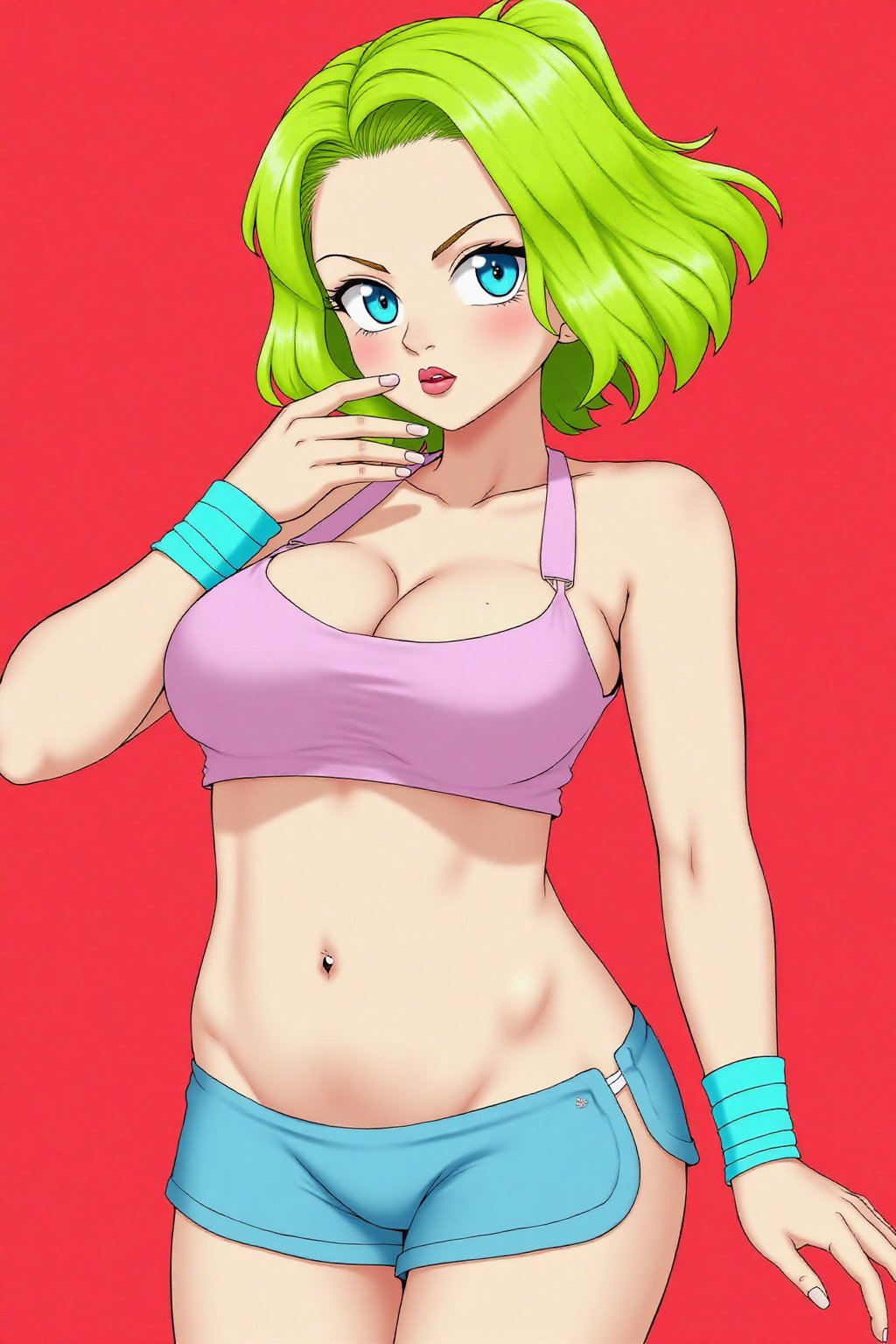 anime,BREAK, Vibrant pastel colors, midriff exposed, limited_palette, restricted_palette, 1girl, smug, piercing neon eyes, Neon, magazine_cover, bright lime green hair, flat red background, head_tilt, heterochromia,xamala