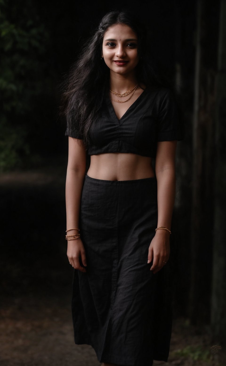 1girl, solo, long hair, looking at viewer, smile, black hair, dress, jewelry, standing, necklace, blurry, Red dress, bracelet, realistic, 25 years old, dark skin , dim light, drak atmosphere, low light , Midriff 