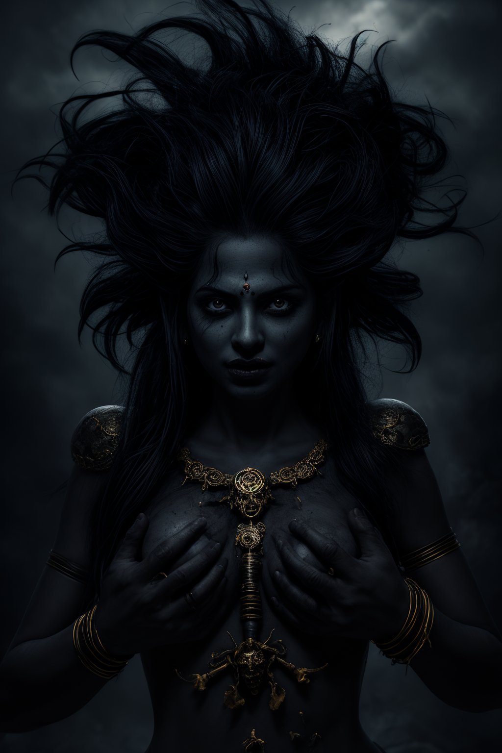 A powerful and terrifying portrayal of the Hindu goddess Kali Maa, depicted with either black or dark blue skin that radiates an ominous, supernatural energy. She has a third eye on her forehead, symbolizing her omniscient power and fierce nature. Her presence dominates the dark night, with a cinematic atmosphere that features detailed color grading to enhance the horror theme.

Kali Maa is adorned with gold ornaments that contrast against her dark skin, glinting ominously in the low light. Her hair is wild and dirty, flowing chaotically around her as if animated by her wrathful energy. She has ten hands, each holding a different mythological weapon, and a garland of skulls hangs around her neck, symbolizing her dominion over death and destruction.

The background is shrouded in darkness, with hints of eerie, otherworldly light that cast shadows on her fearsome form. The scene is set with a sense of impending doom, capturing the essence of Kali Maa as both a protector and a destroyer. Her expression is fierce and unyielding, embodying the terrifying beauty and power of this revered goddess.
