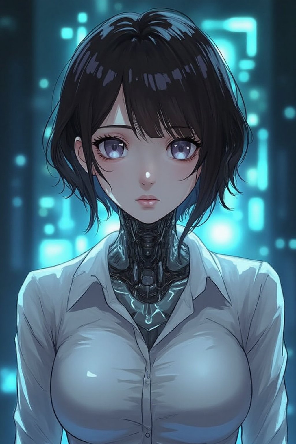 Cyberpunk female android wearing a white shirt, ((The shirt is wet and transparent)),see-through clothes, A cybernetic body can be seen underneath, light reflecting off the mirrored mechanical body, short wavy brown hair, and piercing eyes. Mechanical neck and chest with intricate details. Futuristic background with holographic elements. Anime style, high-contrast lighting, detailed mechanical parts, elegant yet robot-like poses, and a sophisticated and mysterious atmosphere.