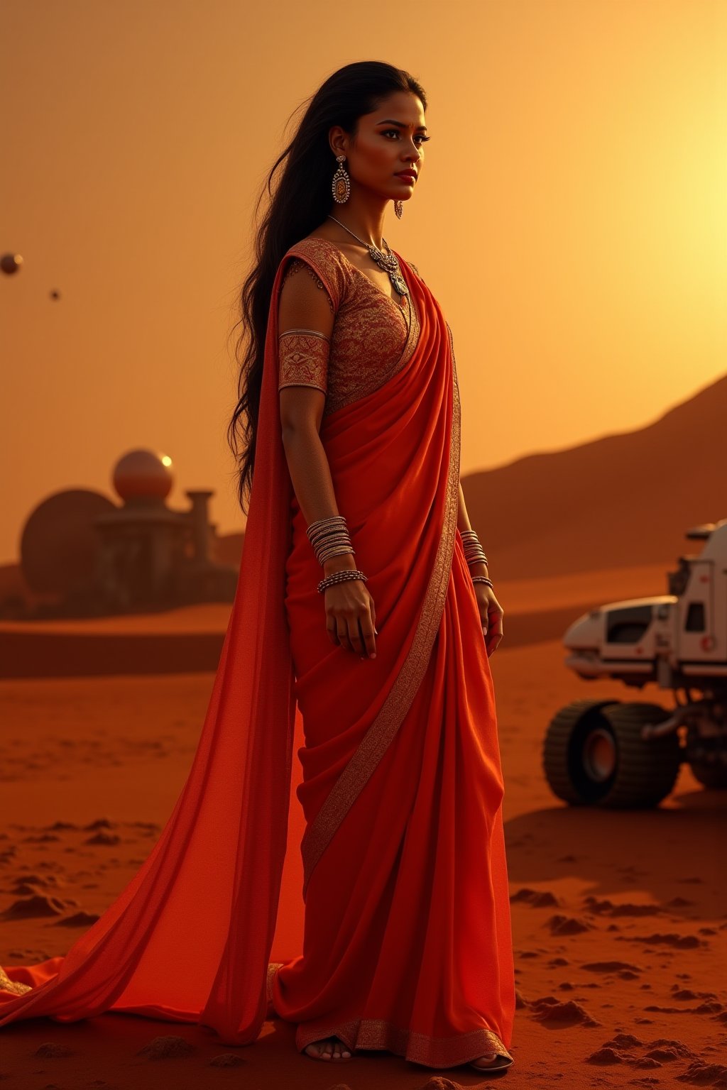 Mars Explorer in Traditional Attire
"A stunning Indian woman stands on the red, rocky surface of Mars, blending elements of her cultural heritage with futuristic technology. She wears a sleek, saree, with glowing neon accents, customized to reflect traditional Indian motifs, such as intricate gold patterns and a sari-like drape over her shoulder. Rover bihind Her,  revealing a radiant face with sharp, determined eyes. The harsh Martian environment contrasts with her beauty, while the backdrop features the dusty Martian landscape, distant planets, and a futuristic space colony on the horizon. The lighting is dramatic, with warm tones highlighting the red sands of Mars, creating a powerful, cinematic scene captured in ultra-realistic photography.",Futuristic 