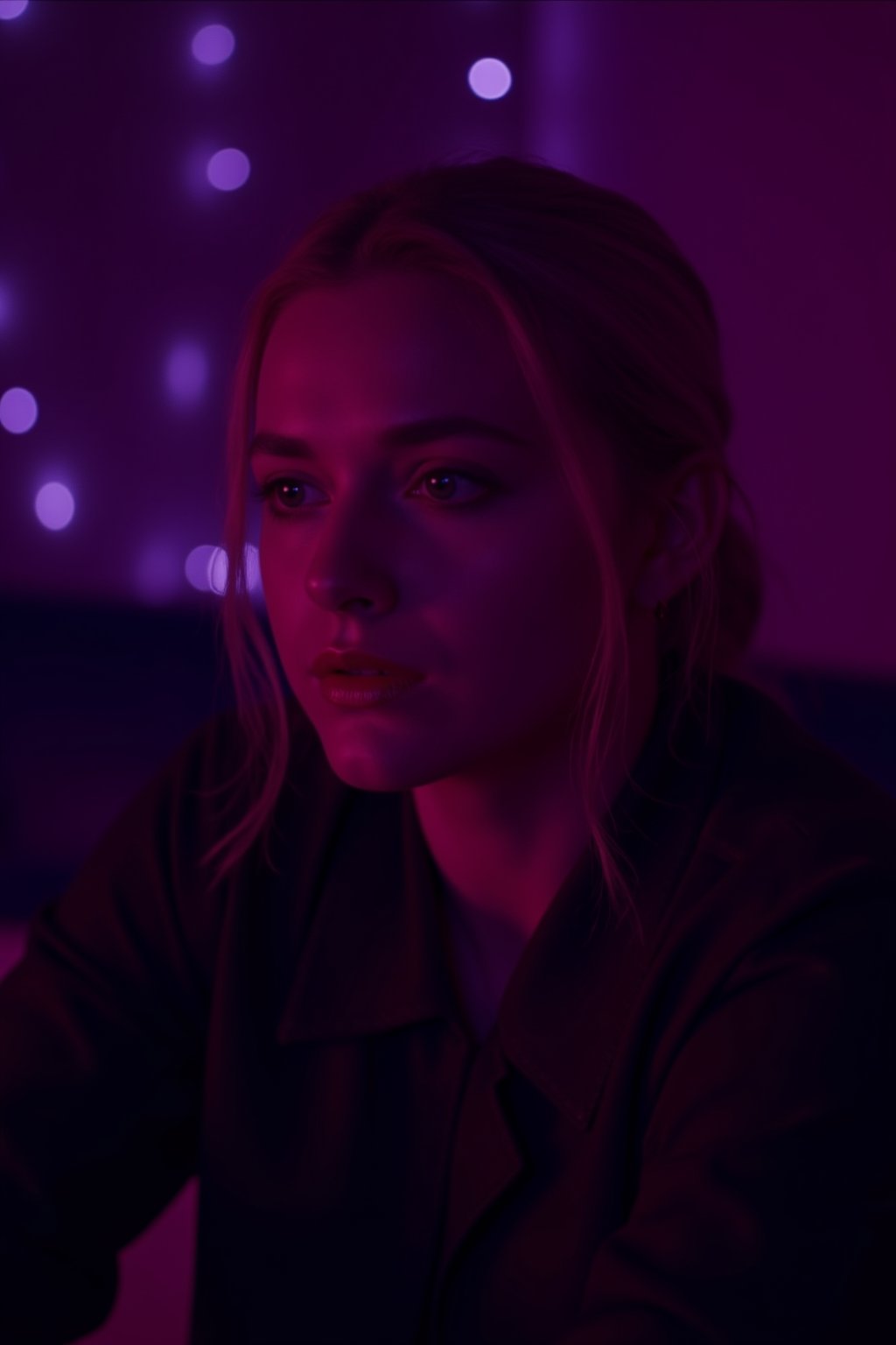 cinematic, A young woman with blonde hair sits in a dimly lit room, illuminated by soft purple and pink lighting. She gazes thoughtfully into the distance, with a bokeh of lights in the background, creating an intimate and contemplative atmosphere., film grain, Short telephoto focal length, shot on ALEXA 65