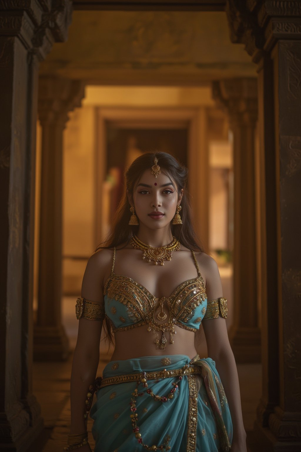 Here's a prompt for an SD image:

A cinematic photograph of the Goddess of Kamasutra, standing elegantly in an ancient temple's ornate hall (navel:1). Soft golden light emanates from the Arri Alexa LF camera, illuminating her elaborate saree and traditional gold ornaments. Her dramatic makeup features bold eyeshadow, dark eyeliner, and rich lip color, accentuating her sensual features under sharp focus. Exquisite skin texture and curves are captured as she poses confidently, with teal and orange color grading creating a warm, mysterious ambiance lit from both front and background by Ts Sara Salazar.