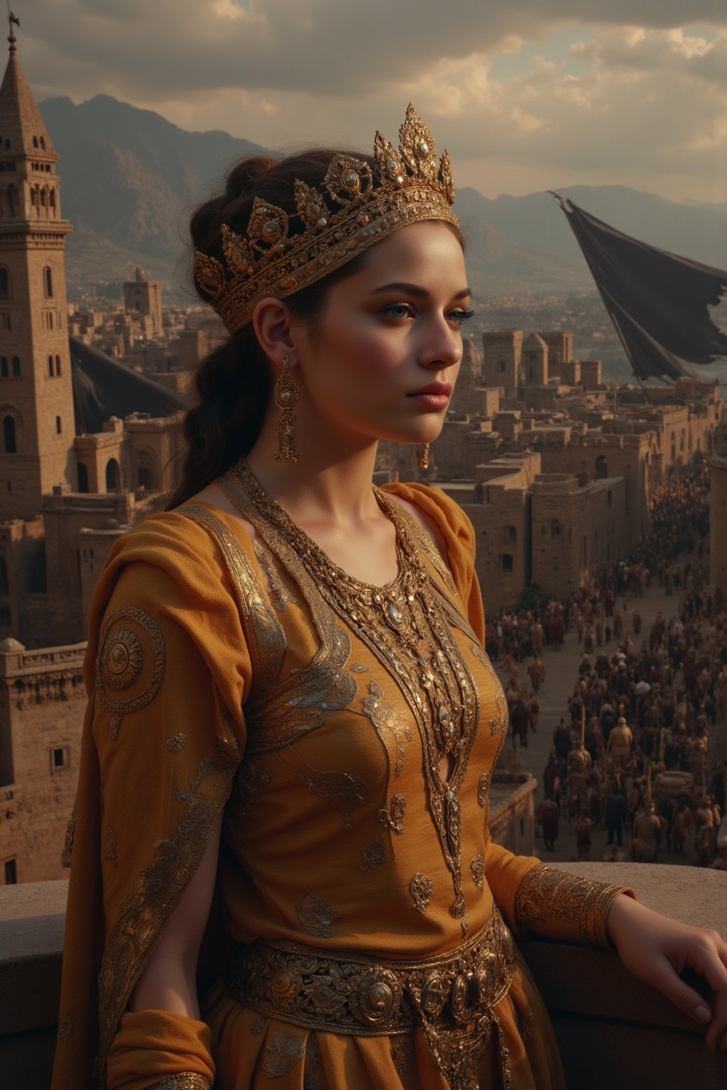 ultrarealistic photography, A resolute Mycenaean queen, draped in a finely woven tunic of saffron-dyed linen and a golden diadem engraved with Minoan spirals, stands on the battlements of her citadel as an enemy army approaches the fortified walls of her city. Behind her, towering cyclopean walls, built with massive limestone blocks, protect the ancient city of Mycenae. Warriors in bronze armor, wielding shields and spears, stand ready for battle. The queen’s gaze is fixed on the distant sea, where ships with black sails signal the coming of invaders. Around her, the rich culture of Mycenaean Greece is evident—the frescoes on the palace walls depict scenes of battle and ritual, and the throne room glows with the faint flicker of oil lamps as her advisors strategize. The sky above is darkening, the air thick with tension, as the last light of day illuminates the mountains that cradle her kingdom.,JoeyKingFlux