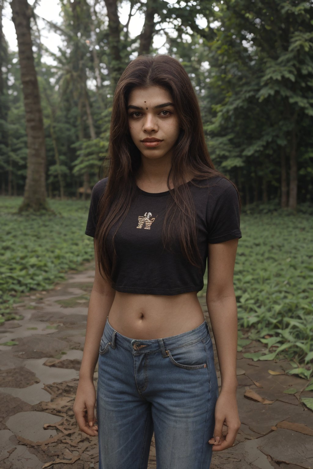 1girl, Kerala beautiful women 18 years old, solo, long hair, brown hair, shirt, t  shaped navel, outdoors, pants, sandals, denim, jeans,  photo background, black mask face 