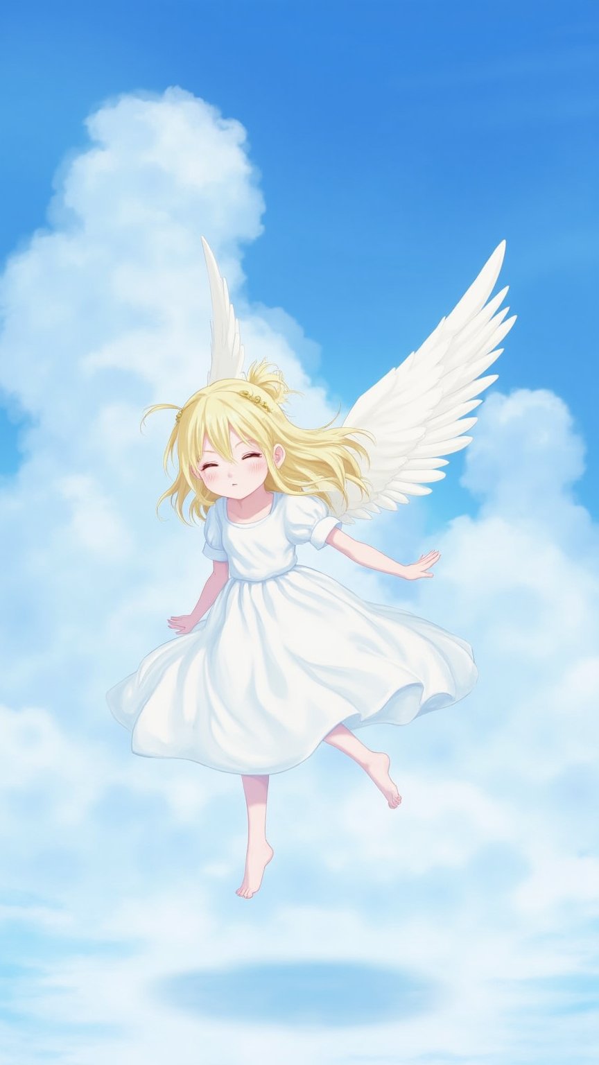 1girl, solo, long hair, blonde hair, dress, closed eyes, wings, sky, barefoot, pants, cloud, white dress, cloudy sky, feathered wings, floating, flying, angel wings, angel, above clouds