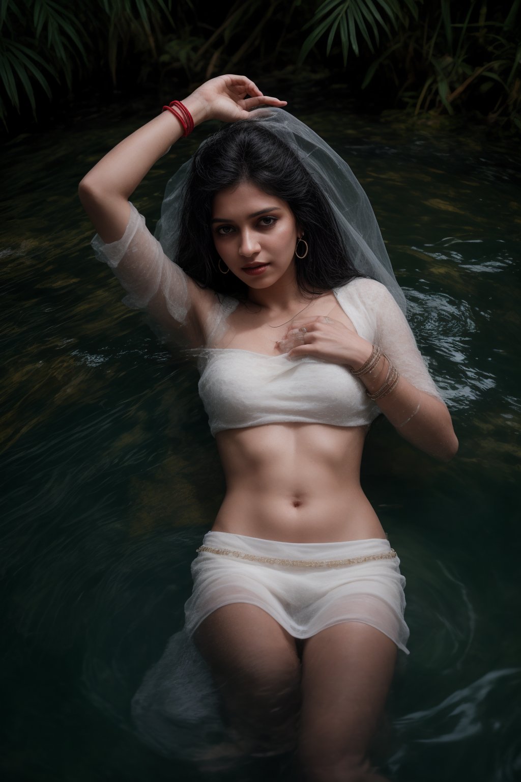 A goddess of water emerges from the depths, her long black hair cascading like night's veil. She wears a mesmerizing red blouse half-submerged in the pool's calm waters, paired with a flowing white skirt that ripples like the surrounding foliage. Her skin glistens as she strikes a sultry pose, her midriff exposed and spike bracelets glinting in the soft light. The camera captures her from above, with the tree's branches forming a natural frame. Blurry water effects add to the dreamy ambiance, as earrings shine like tiny stars amidst the mystery of her solo performance.