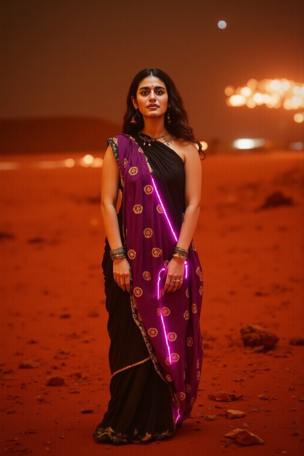 Mars Explorer in Traditional Attire
"A stunning Indian woman stands on the red, rocky surface of Mars, blending elements of her cultural heritage with futuristic technology. Mars rover near She wears a sleek saree, with glowing neon accents:1, customized to reflect traditional Indian motifs, such as intricate gold patterns and a sari-like drape over her shoulder. Her hair wave, mars effect, mars havy sand storm:1.4, revealing a radiant face with sharp, determined eyes. The harsh Martian environment contrasts with her beauty, while the backdrop features the dusty Martian landscape, distant planets, and a futuristic space colony on the horizon. The lighting is dramatic, with warm tones highlighting the red sands of Mars, creating a powerful, cinematic scene captured in ultra-realistic photography."

Details: face texture, perfect eyes, 5 finger on each hands, hair details, costume texture perfect, symmetry, Sharp background,