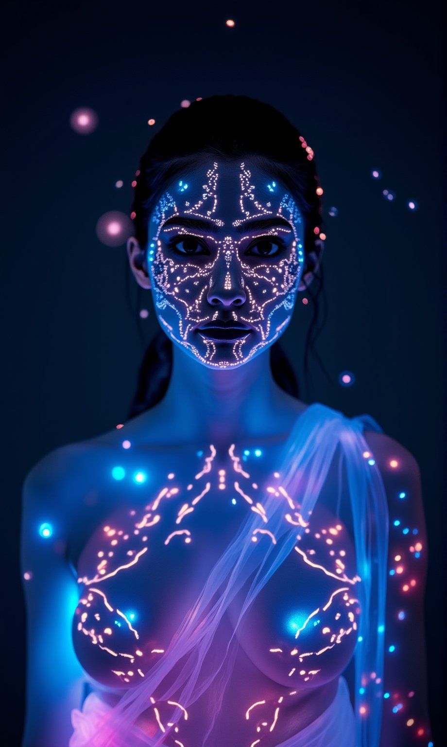 A mystical photo of an alien woman with a bioluminescent glow. Her midriff is exposed,  revealing glowing skin with symmet...