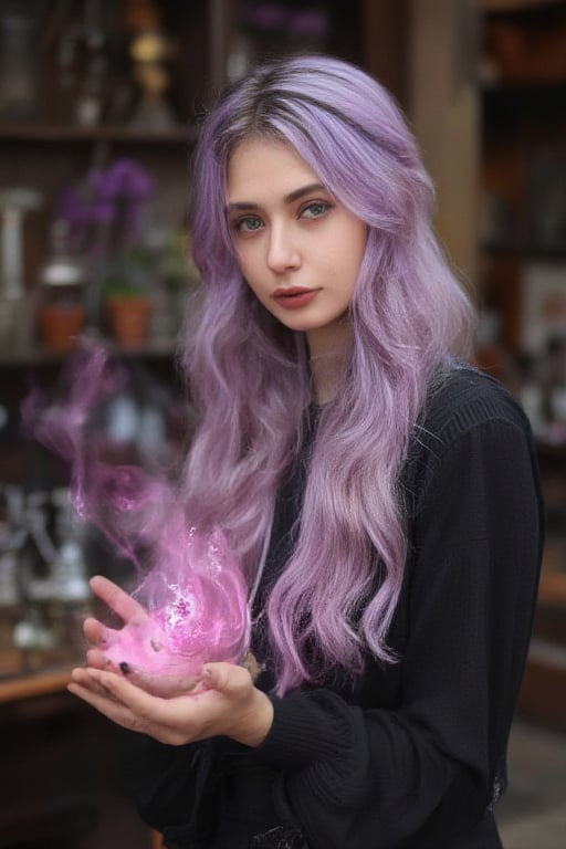 long wavy lavender haired beautiful witch with emerald green eyes and weaving a spell causing pink magical particles to appear iover her head between her hands. background in a witch alchemy lab.,Girl16yo