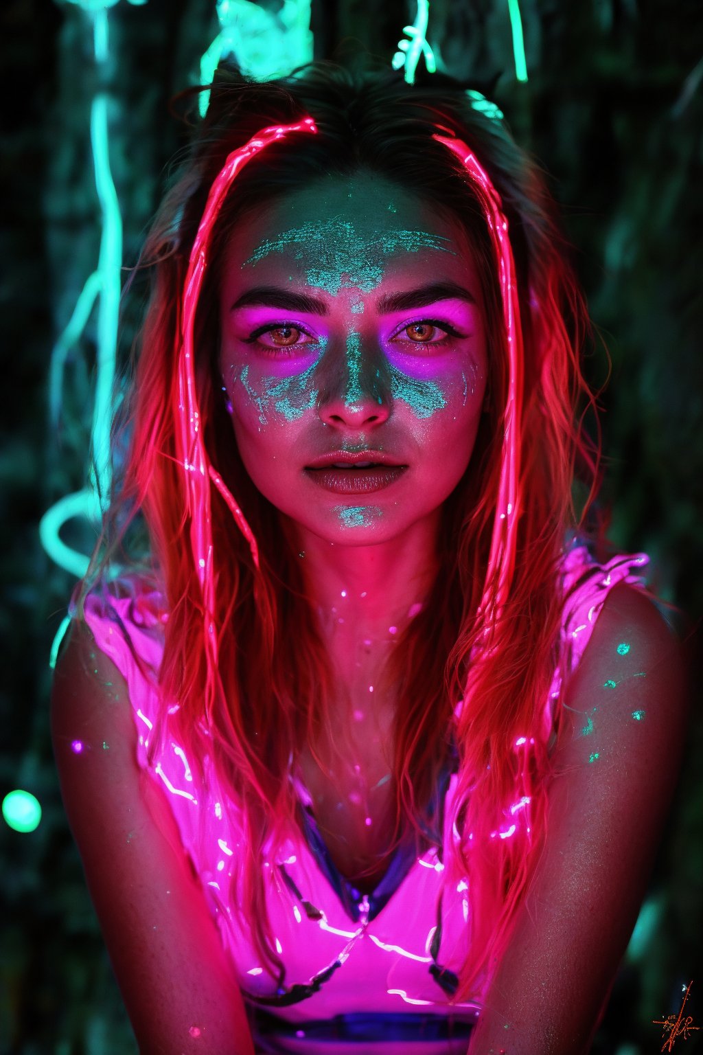 Portrait of a mystical fantasy bioluminescent neon woman. Glamorous fashionable lady. Glowing 
skin spot,  Glowing color,Glowing dots on face, neon lines on face, glowing multiple colour on eyeballs,25 year old girl 