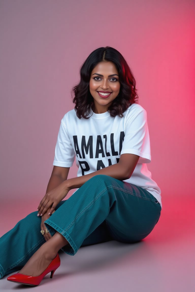 wide and low angle, cinematic, fashion photography. xamala sitting on floor wearing a full size light white t-shirt with big letters \"Amala Paul\" , teal jeans, nice red high heels and a gracious look on her face. The background is a color gradient, her face is lit with cool white light,  studio setting   <lora:xamala-flux-lora:1