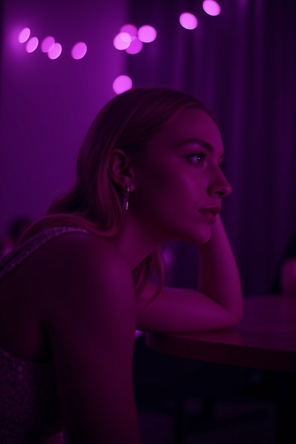 cinematic, A young woman with blonde hair sits in a dimly lit room, illuminated by soft purple and pink lighting. She gazes thoughtfully into the distance, with a bokeh of lights in the background, creating an intimate and contemplative atmosphere., film grain, Short telephoto focal length, shot on ALEXA 65