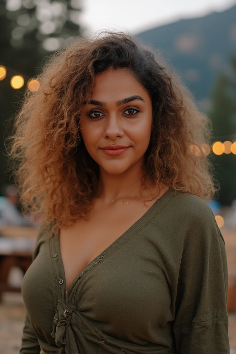 Generate an image of a stunning 18-year-old petite teenager, young, youth, child, kid, blending Black and Spanish heritage. She has fluffy curly golden brown hair, Type 4 hair, lush and vibrant, falling in loose waves down her back.

Setting:
- Outdoor: A serene mountain campsite at dusk, mountain view
- Soft, warm lighting with subtle shadows and twinkling string lights
- Tall trees surrounding a cozy clearing, with a crackling campfire and rustic wooden benches
- Camping gear and equipment subtly integrated into the scene

Physical Description:
- Fair skin with a subtle, sun-kissed glow
- Bright, expressive hazel eyes
- olive, dark Italian skin

Outfit:
- Comfortable, green earth-toned camping shirt (flannel or fleece)
- Practical hiking pants or leggings
- Warm, cozy cardigan 
- Sturdy hiking boots

Style:
-Effortless, coastal chic
- Confident, carefree, innocent pose

Mood:
- Serene, joyful, and radiant
- Capturing the essence of a relaxed summer afternoon
Inspired by singer Tyla's vibrant energy and style, create a breathtaking image that embodies beauty, elegance, and a laid-back coastal vibe.