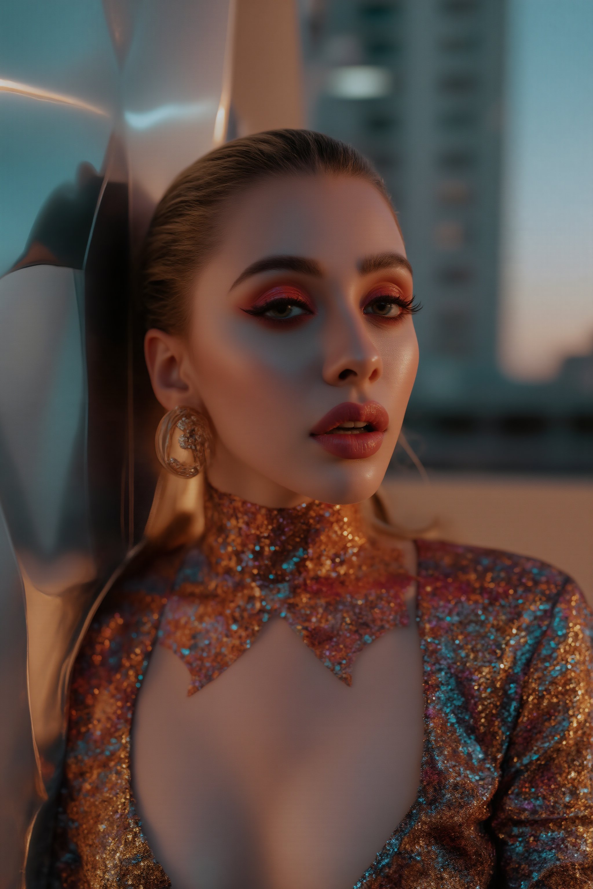 In a futuristic cityscape at dusk, a stunning supermodel poses against a sleek, metallic backdrop, her midriff exposed. The neo-mode aesthetic is characterized by vibrant colors and exquisite details. Her face, with intricate features, is the focal point, as her complex colored irises seem to hypnotize. A wild, avant-garde hairstyle adds to the surreal charm. Soft, golden light casts a flattering glow, accentuating her porcelain skin and highlighting the subtle texture of her skin. The overall composition is symmetrical and fluid, with an ethereal aura that seems to defy time and space.