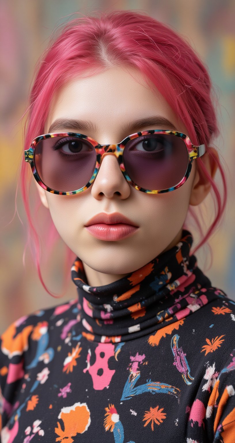 A vibrant, close-up portrait of a young woman with pink hair, wearing oversized, colorful sunglasses, and patterned turtleneck, abstract, textured background | pop art style, bold colors, detailed, highly stylized | photorealistic | studio lighting
,cinematic , film grain, Short telephoto focal length, shot on ALEXA 65