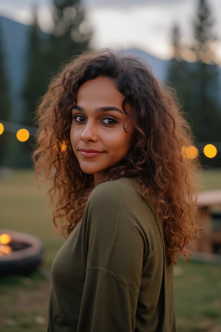 Generate an image of a stunning 18-year-old petite teenager, young, youth, child, kid, blending Black and Spanish heritage. She has fluffy curly golden brown hair, Type 4 hair, lush and vibrant, falling in loose waves down her back.

Setting:
- Outdoor: A serene mountain campsite at dusk, mountain view
- Soft, warm lighting with subtle shadows and twinkling string lights
- Tall trees surrounding a cozy clearing, with a crackling campfire and rustic wooden benches
- Camping gear and equipment subtly integrated into the scene

Physical Description:
- Fair skin with a subtle, sun-kissed glow
- Bright, expressive hazel eyes
- olive, dark Italian skin

Outfit:
- Comfortable, green earth-toned camping shirt (flannel or fleece)
- Practical hiking pants or leggings
- Warm, cozy cardigan 
- Sturdy hiking boots

Style:
-Effortless, coastal chic
- Confident, carefree, innocent pose

Mood:
- Serene, joyful, and radiant
- Capturing the essence of a relaxed summer afternoon
Inspired by singer Tyla's vibrant energy and style, create a breathtaking image that embodies beauty, elegance, and a laid-back coastal vibe.