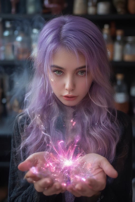 long wavy lavender haired beautiful witch with emerald green eyes and weaving a spell causing pink magical particles to appear iover her head between her hands. background in a witch alchemy lab.,Girl16yo