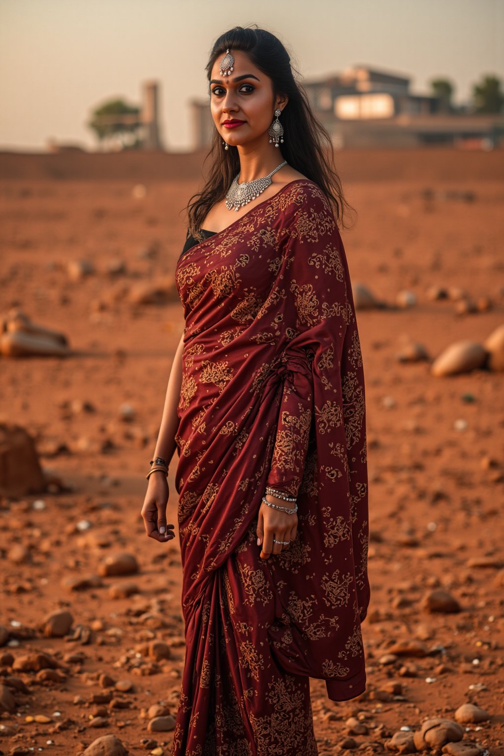 Mars Explorer in Traditional Attire
"A stunning Indian woman stands on the red, rocky surface of Mars, blending elements of her cultural heritage with futuristic technology. Mars rover near She wears a sleek saree, with glowing neon accents:1, customized to reflect traditional Indian motifs, such as intricate gold patterns and a sari-like drape over her shoulder. Her hair wave, mars effect, mars havy sand storm:1.4, revealing a radiant face with sharp, determined eyes. The harsh Martian environment contrasts with her beauty, while the backdrop features the dusty Martian landscape, distant planets, and a futuristic space colony on the horizon. The lighting is dramatic, with warm tones highlighting the red sands of Mars, creating a powerful, cinematic scene captured in ultra-realistic photography."

Details: face texture, perfect eyes, 5 finger on each hands, hair details, costume texture perfect, symmetry, Sharp background,