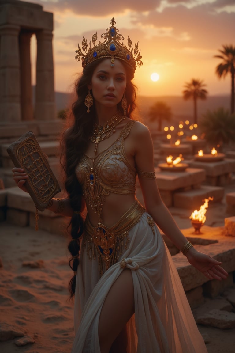 Real photography, cinematic, A beautiful priestess of ancient Mesopotamia looking at the viewer, adorned in a flowing linen gown with intricate gold and lapis lazuli jewelry, stands before ancient mesopotamian buildings at dusk. Her long, dark hair is braided with golden threads, and she holds a clay tablet inscribed with cuneiform symbols.  Torches flicker in the warm desert breeze. The sky glows with the setting sun, casting a deep orange hue over the landscape and illuminating the fertile crescent below. Palm trees sway in the distance
