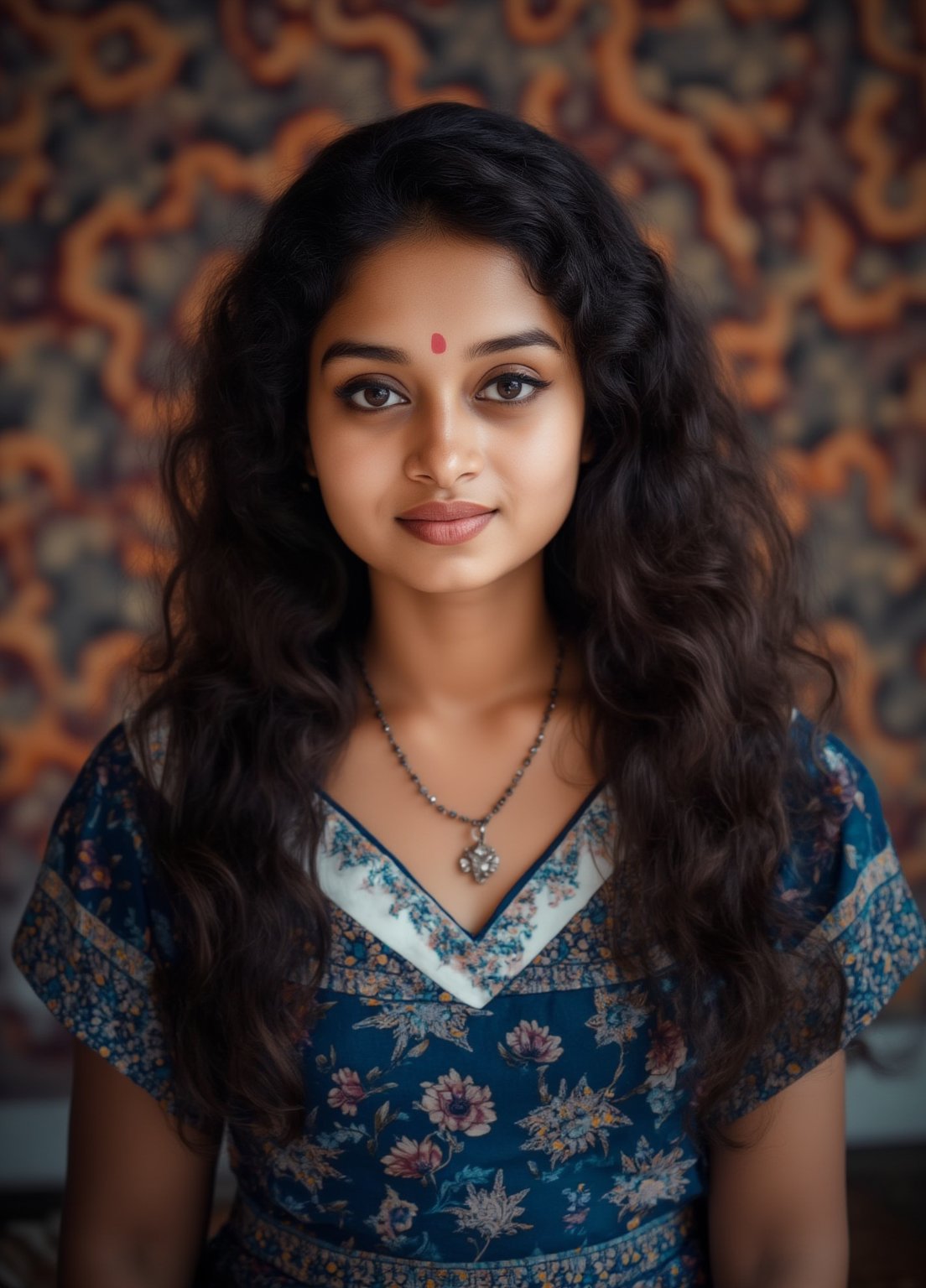 Capture a masterpiece of photography featuring a stunning girl with long, curly black hair (1.1) and intricate details in her school uniform, complete with a miniskirt and random colors. The scene is set in front of a striking fractal pattern (abstract) that creates a sense of depth and dimensionality. Professional HDR lighting (8k UHD RAW photo) casts a cinematic glow, accentuating the subject's features while also capturing the subtle play of iridescent lighting on her skin. Jewelry (1.4) adorns her neck, drawing attention to her radiant smile as she faces the viewer directly. The image is rendered in breathtaking detail, with every curl of hair and fold of fabric meticulously captured. Apply a realistic LUT for a true-to-life representation.,SH,Yakshi28 