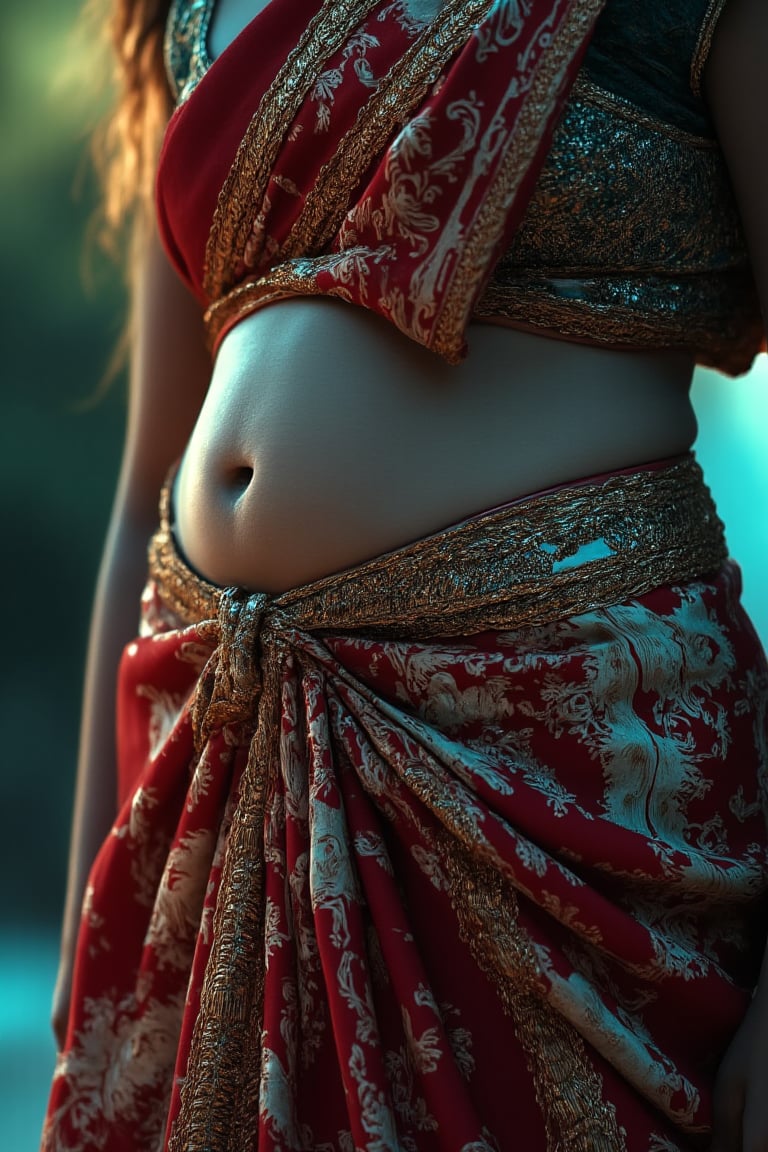 a mallu woman in saree, navel. fantasy beauty, biochemiluminescence, art nouveau, bright colors,  optical illusion 3D art), detailed textures, high quality, high resolution, high precision, realism , color correction, proper lighting settings, harmonious composition, Behance works,Details,Details,Texture,Details 