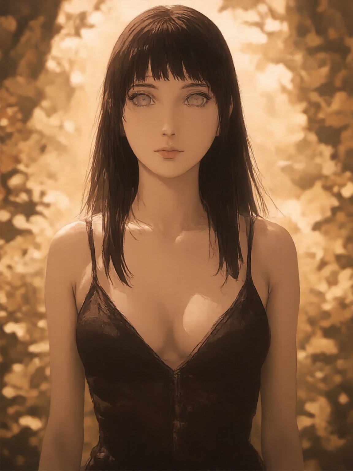 Huyuga hinata, A sultry hubggirl materializes from a dreamy mist, illuminated by the soft, warm tone of Kodak film. Cinematic lighting accentuates her porcelain complexion, casting dramatic shadows that highlight the contours of her face and mid-body pose. The surreal setting, replete with intricate details, draws the viewer's gaze to her piercing stare, evoking a photorealistic masterpiece reminiscent of hubggirl's iconic works, capturing the essence of a sultry, sexy girl.,Hinata,shy,naruto,hinata_naruto,anime,flux,cute,gentle,brave