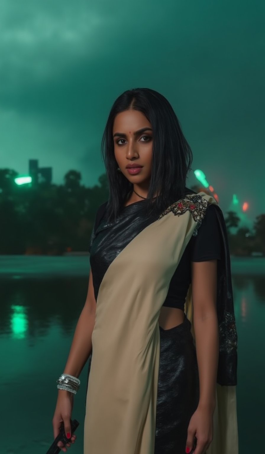 Prompt: A photorealistic portrait of an Indian woman in her late 20s with dark brown skin, long straight black hair, and sharp features. She is dressed in a sleek black saree with futuristic, tech-inspired accessories. Her eyes  giving her a mysterious, powerful look. The background is a dark, cyberpunk cityscape with green digital rain falling behind her, reminiscent of the Matrix. The lighting is low, with glowing neon lights reflecting off her leather outfit, enhancing the dramatic, action-movie atmosphere.,

best quality, highres, ultra-detailed:1.2), eye-level capture, cloudy day, a woman dressed in a cream-colored saree with black designs, standing in front of a body of water, wearing a black blouse, long dark brown hair flowing, white bracelets on her wrists, her saree draped over her left shoulder, a white sari tied around her waist adorned with red designs, adding a pop of color, blurred backdrop with trees and a mountain in the distance, soft natural lighting, realistic textures.,Futuristic 