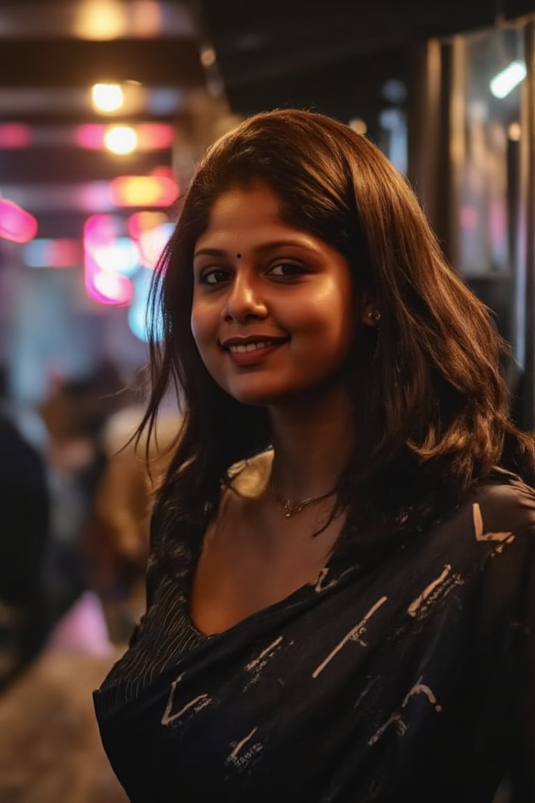 A woman posing confidently, radiant in a metallic dress with digital patterns and neon accents, against a blurred backdrop of vintage circuitry and neon lights. Soft, warm lighting highlights her features,  reflecting a digital glow. Her stylish gaze is set off by the retro-futuristic atmosphere, as if stepping out of a 1980s time capsule.,NeemoFairy,Liminal Space,Ambience Steampunk,Mallu beauty 