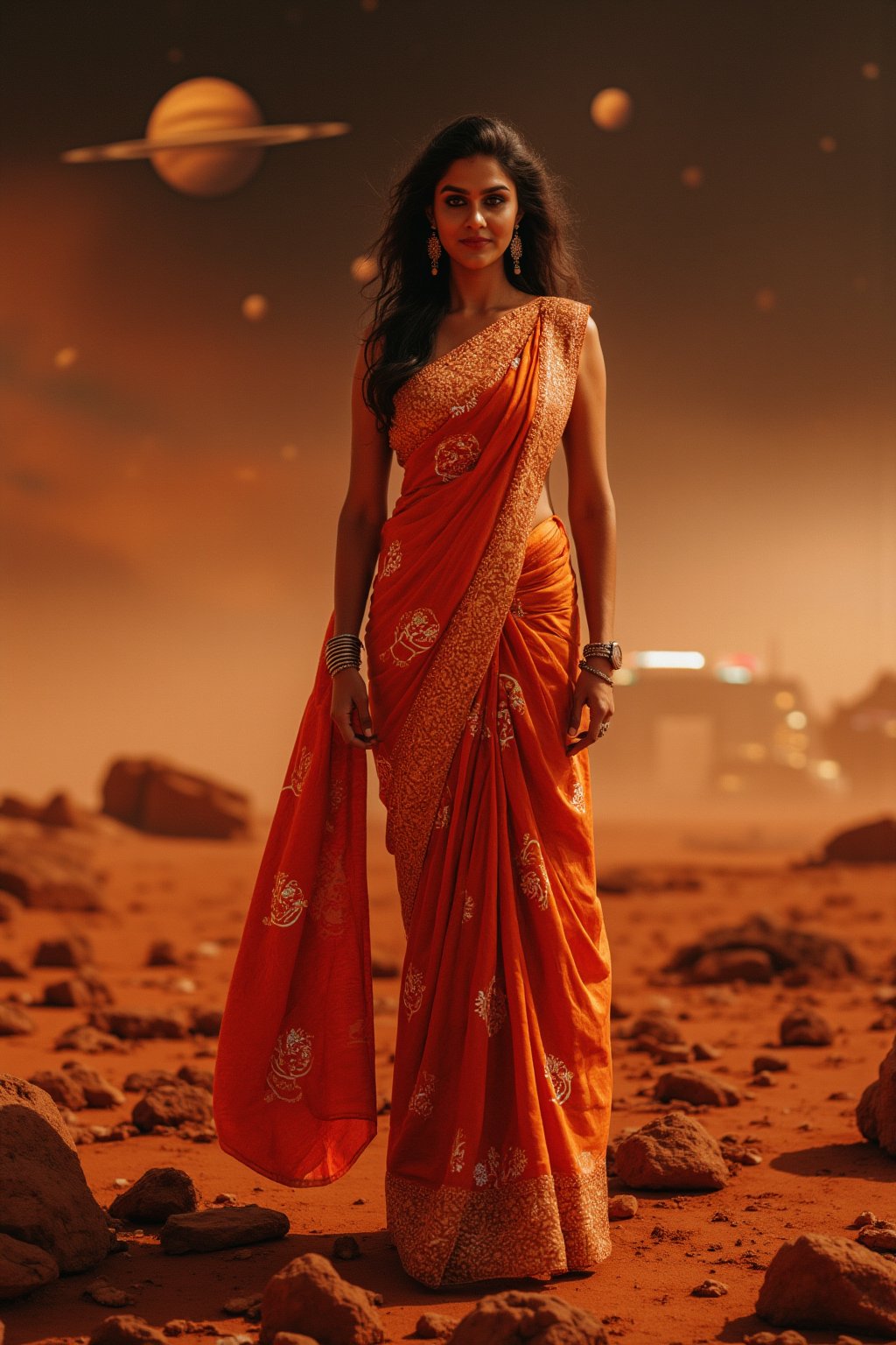 Mars Explorer in Traditional Attire
"A stunning Indian woman stands on the red, rocky surface of Mars, blending elements of her cultural heritage with futuristic technology. Mars rover near She wears a sleek saree, with glowing neon accents:1, customized to reflect traditional Indian motifs, such as intricate gold patterns and a sari-like drape over her shoulder. Her hair wave, mars effect, mars havy sand storm:1.4, revealing a radiant face with sharp, determined eyes. The harsh Martian environment contrasts with her beauty, while the backdrop features the dusty Martian landscape, distant planets, and a futuristic space colony on the horizon. The lighting is dramatic, with warm tones highlighting the red sands of Mars, creating a powerful, cinematic scene captured in ultra-realistic photography."

Details: face texture, perfect eyes, 5 finger on each hands, hair details, costume texture perfect, symmetry, Sharp background,