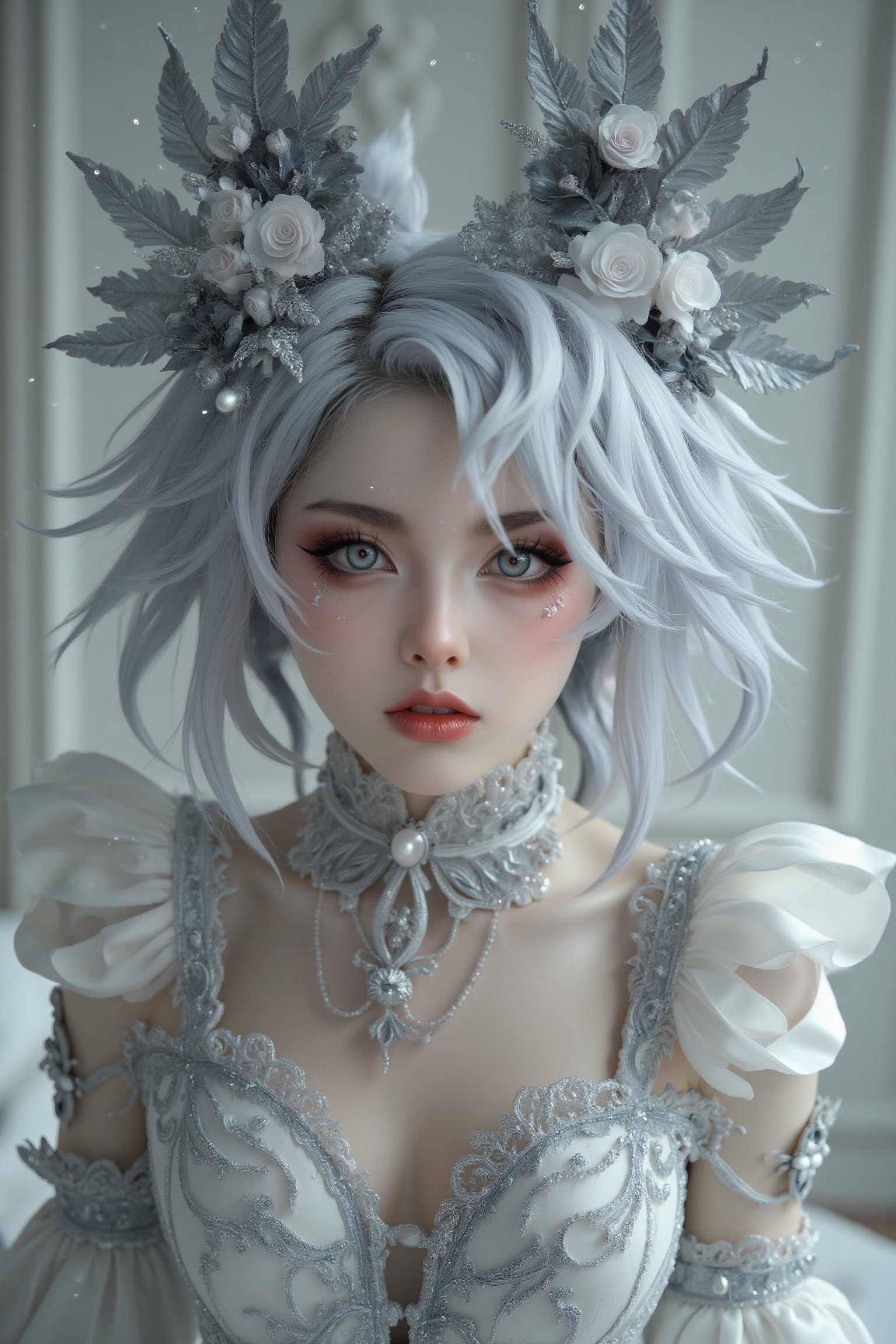 Silver perm hair, 27 year old Finnish girl, porcelain pale skin, subtle light, glossy red lips, delicate grey eyes with long white eyelashes, intense gaze, glowing pupils match her dress, which is completed by a gorgeous white silk costume decorated with an intricate grey rose pattern. A deep V-neck adds to the dramatic mood, and mysterious sparkling white particles float around, creating a magical atmosphere. The pure white wall with light shows the meticulous attention to detail, with every hair and dress's ornate decorations depicted in high definition in this highly realistic photograph. (Photorealistic: 1.4), (Masterpiece, Illustration-realistic: 1.1),Cosplay 